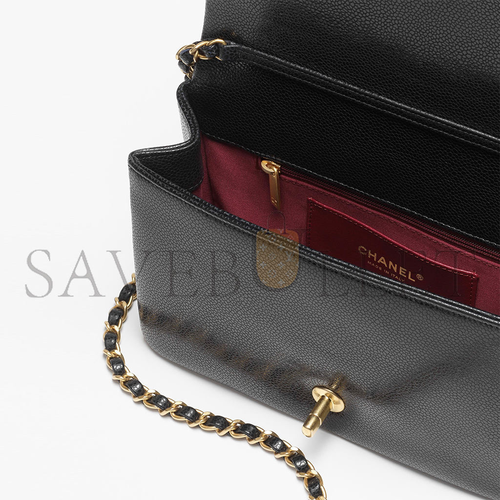 Ch*el small flap bag grained shiny calfskin & gold-tone metal as5186 (23*15*8cm)